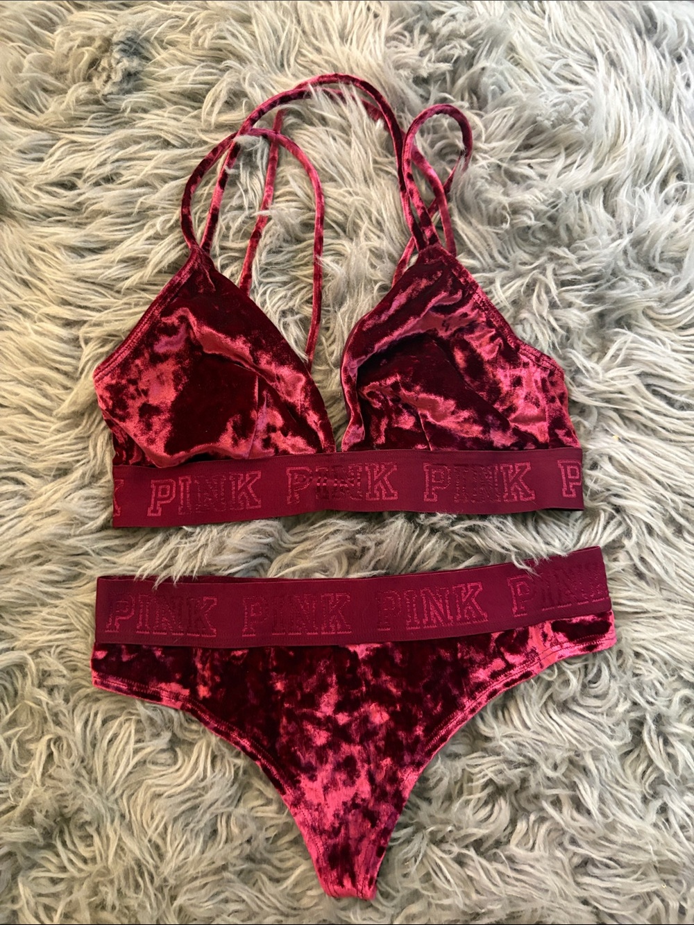 This is a Victoria's Secret PINK maroon crushed velvet bralette and thong panty